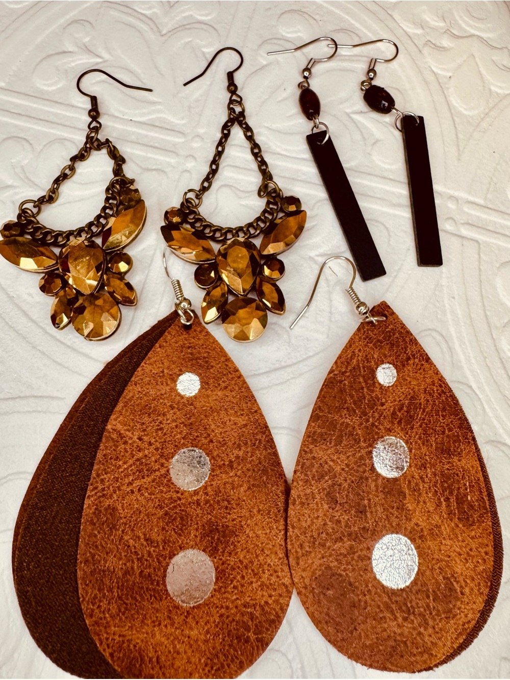 Set of 3 Pairs Statement Earrings Leather/Wood/Gemstone Value!!!!